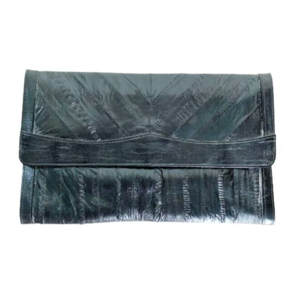 Black Genuine Eel Skin Envelope Clutch Bag Handbag with Pockets Nice!